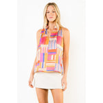 Sleeveless Ruffled Neck Pattern Top - Pink