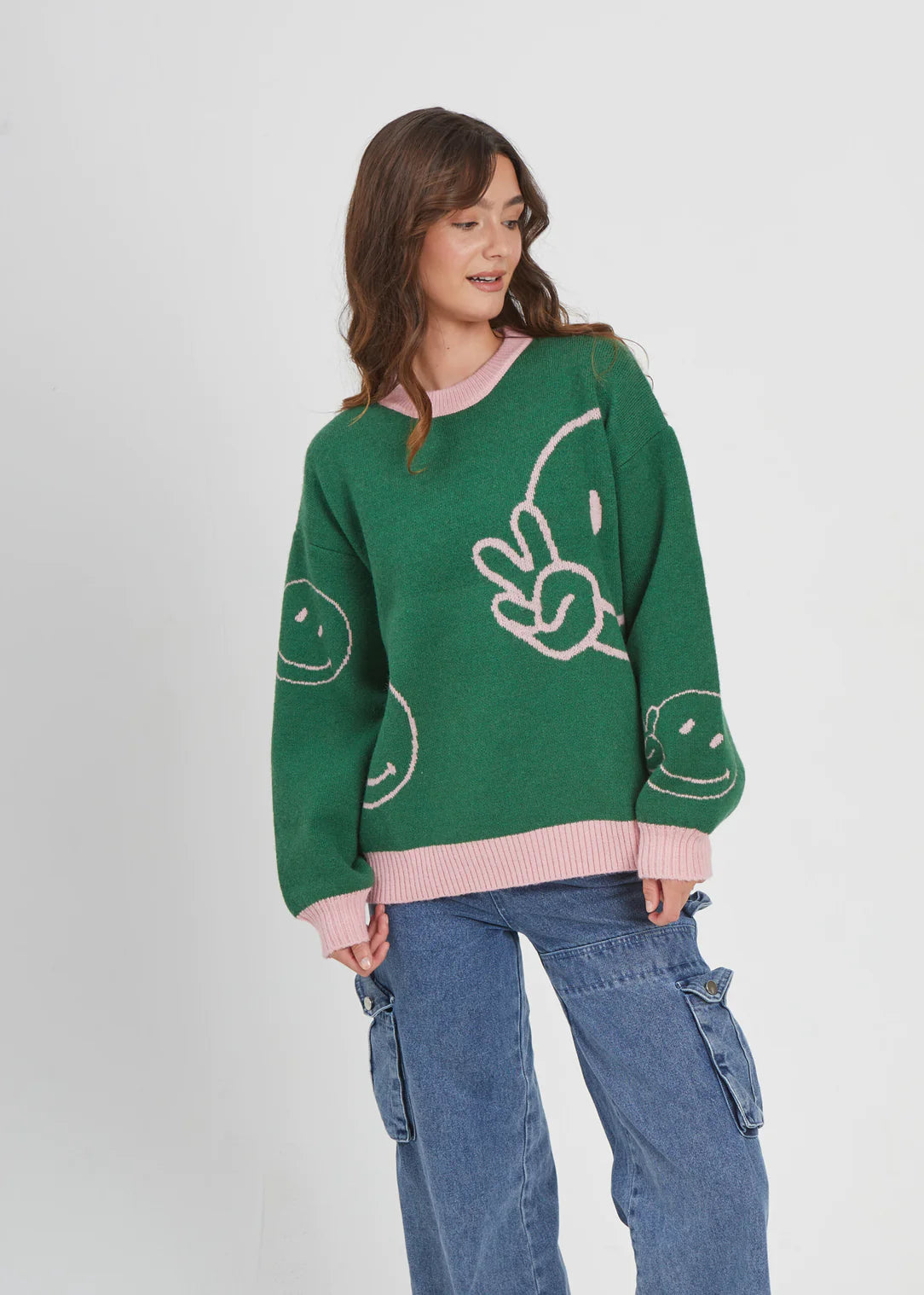 OVERSIZED SWEATER- GREEN SMILEY FACE