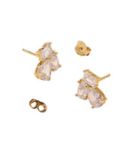 Sahira Pamela Stud Gold earrings with baguette and teardrop clear CZ stones in gold-tone setting, shown with butterfly backs