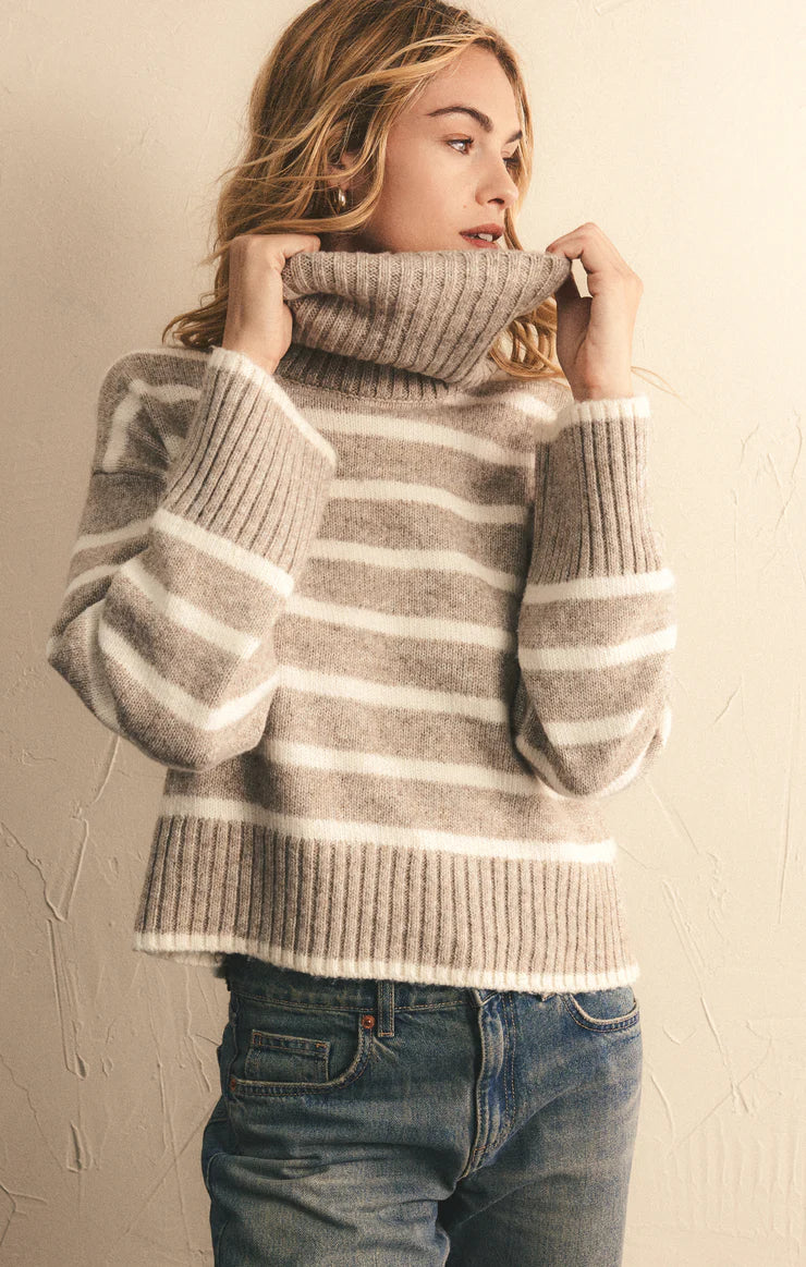 STRIPE TURTLENECK SWEATER-HEATHER TAUPE