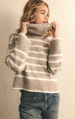 STRIPE TURTLENECK SWEATER-HEATHER TAUPE