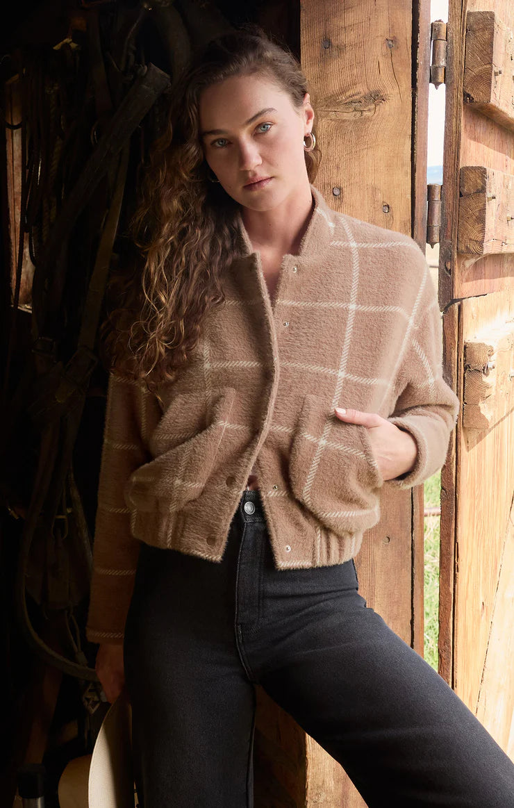 LEX PLAID SWEATER KNIT BOMBER JACKET-HEATHER TAUPE