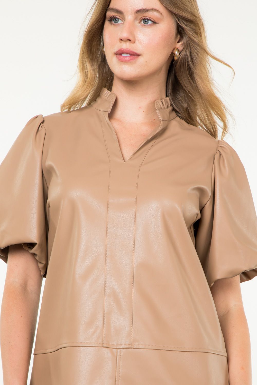 PUFF SLEEVE VEGAN LEATHER DRESS-TAN