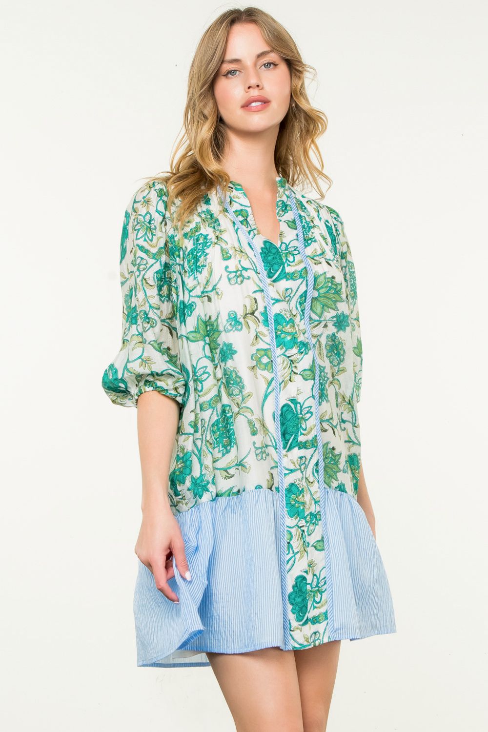 SHORT SLEEVE FLORAL DRESS-BLUE