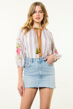 EMBROIDERED STRIPE BLOUSE-BEIGE