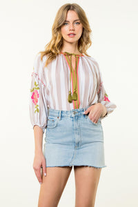 EMBROIDERED STRIPE BLOUSE-BEIGE