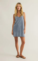 SLOANE V-NECK JERSEY DENIM MINI DRESS-MEDIUM INDIGO