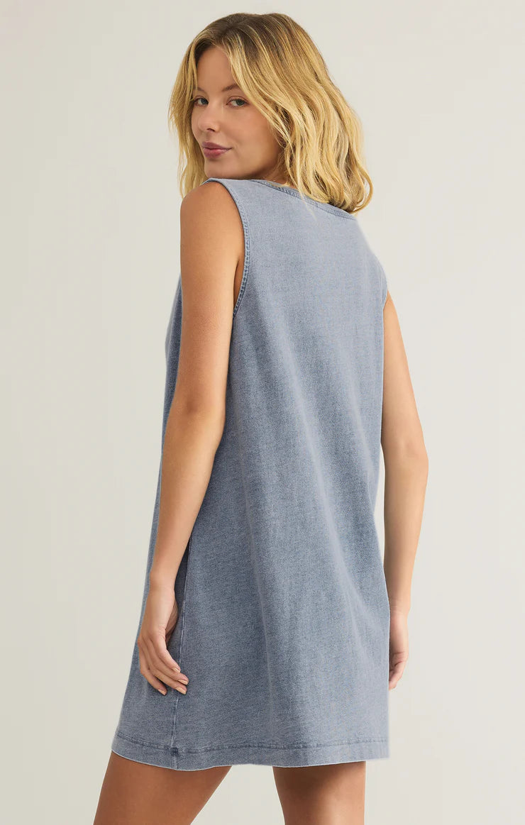 SLOANE V-NECK JERSEY DENIM MINI DRESS-MEDIUM INDIGO