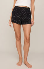 Z Supply Luxe Dot Short in black with white polka dots, worn by model, front view, high-waisted, relaxed fit