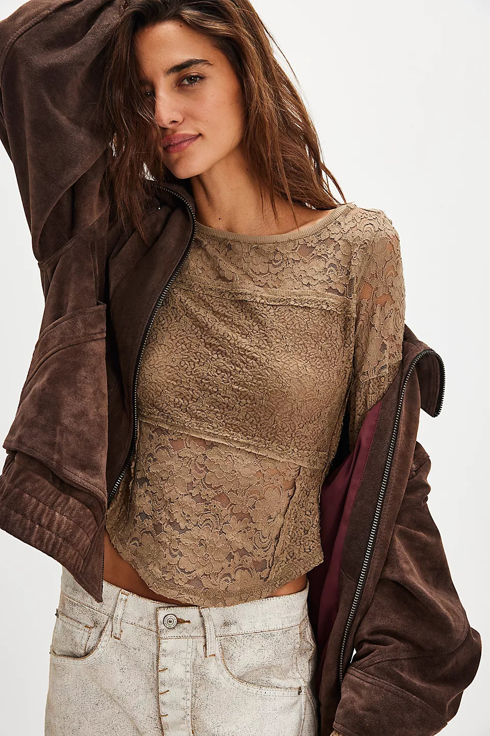 LACE LAYERING LONG SLEEVE-DUTCH COCOA