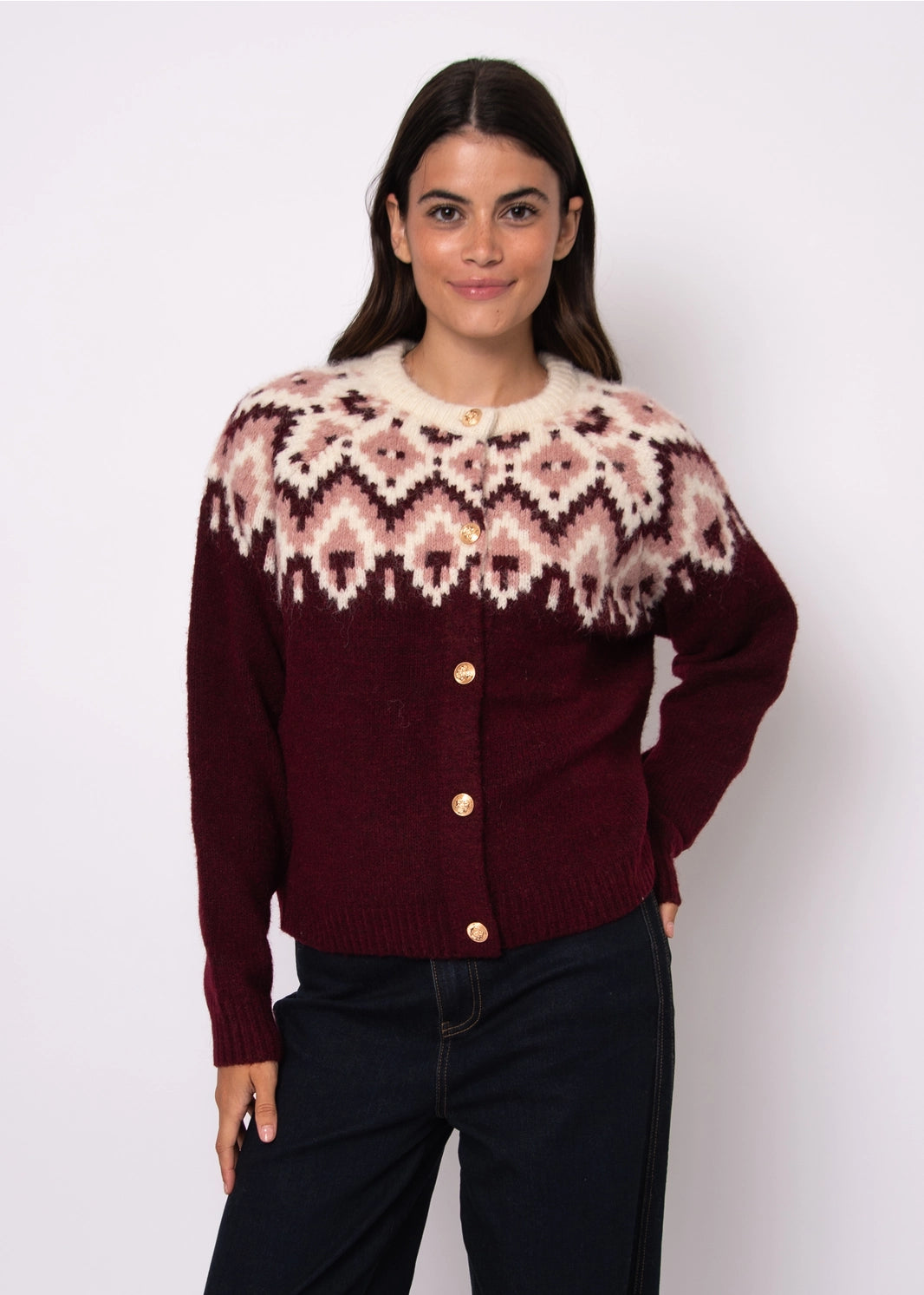 FAIR ISLE CARDIGAN-BURGANDY MULTI