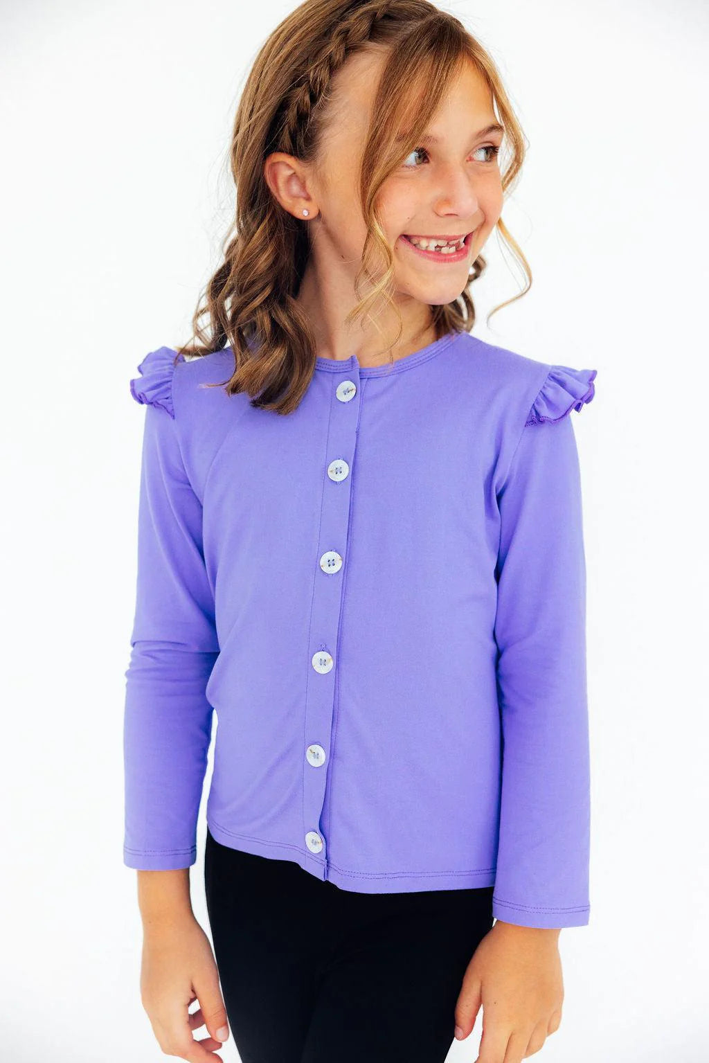 RUFFLE CARDIGAN-PERIWINKLE