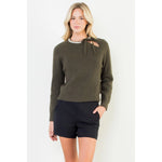 SWEATER WITH JEWELED NECK & TIES-OLIVE