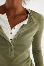 Free People Jamie Henley in Capulet Olive, close-up of ribbed snap-button placket layered over white top.