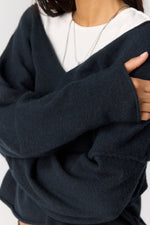 Free People See Me V-Neck Pullover in black, close-up detail shot showing soft knit texture and V-neckline over white tee