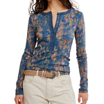 Free People Jamie Henley Printed top in Navy Combo floral haze, long-sleeve with button placket, worn with cream pants