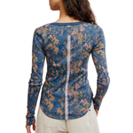 Free People Jamie Henley Printed top in Navy Combo floral haze, back view on model, long sleeves with center back seam detail