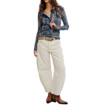 Free People Jamie Henley Printed in Navy Combo floral haze, long-sleeve fitted top with button placket, worn by model with cream barrel jeans
