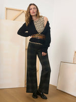 Sanctuary Relay Pull On Pant in Kalamata Plaid, dark green tartan wide-leg trousers worn by model with black cardigan and brown belt