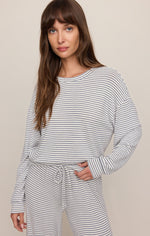 Z SUPPLY Classic Stripe LS Top in Eclipse — white long-sleeve top with navy blue horizontal stripes, crew neck, worn by model with matching stripe joggers.