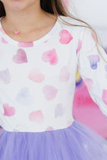 Mila Never Miss A Beat L/S Tutu Dress close-up showing watercolor heart print top and lavender tulle skirt on a girl