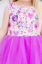 Mila & Rose Tank Tutu Dress in Purple Perfection with floral heart bodice and bright purple tulle skirt on child model