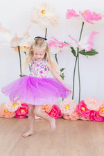 Mila & Rose Tank Tutu Dress in Purple Perfection - blonde girl dancing in floral bodice with purple tulle skirt