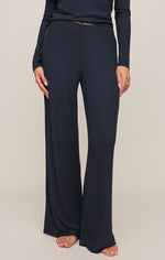 Z SUPPLY Just Right Rib Pant in Eclipse — dark navy wide-leg ribbed lounge pants on model, front view, paired with matching top