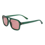 I SEA Royal sunglasses in kale green acetate frame with tangerine pink lenses and gold hardware, angled side view