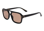 I SEA Royal sunglasses in black acetate with cocoa brown lenses, gold hardware accents, flat-top aviator style, three-quarter view