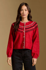 Saltwater Luxe Joss Sweater in crimson red Fair Isle cardigan with black and cream yoke pattern, buttons, on model, front view