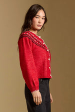 Saltwater Luxe Joss Sweater in crimson red, side view on model — Fair Isle yoke, button front, contrast trim, cropped fit