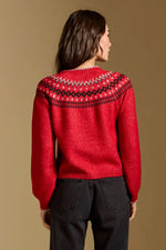 Saltwater Luxe Joss Sweater in crimson red — back view on model, Fair Isle yoke pattern in black and white, long sleeves