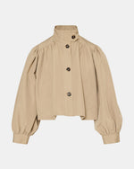 Steve Madden SA04169 TANN cropped tan jacket with puff sleeves, stand collar, dark buttons, and patch pockets, front view