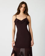 Steve Madden Mariane dress in chocolate brown with ruffle details at bust and hem, worn by model on neutral background