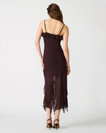 Steve Madden Mariane Dress in chocolate brown, back view of model showing ruffle details and asymmetrical chiffon hem