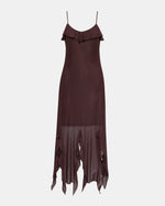 Steve Madden Mariane Dress in chocolate brown with spaghetti straps, ruffle detail at bust, and asymmetrical handkerchief hem