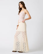 Steve Madden Mirabel Skirt in cream lace maxi length on model, showing delicate floral lace pattern and tiered design