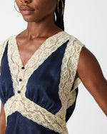 Steve Madden SC09035 dress in Midnight navy blue with cream lace trim and button front detail, close-up on model