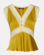 Steve Madden SC09035 sleeveless top in mustard gold satin with cream lace trim detailing and V-neckline, front view flat lay.