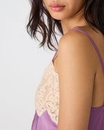 Steve Madden Miriah Top in dusty lavender satin with cream floral lace panel detail, close-up view on model