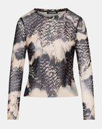 Steve Madden Sandy Knit Top in Moon Shadow, long-sleeve fitted top with feather print in black, cream, and blush tones, front flat lay view