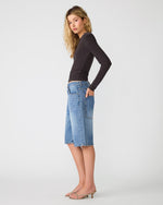 Steve Madden Sandy Knit Top in Dark Espresso, long-sleeve fitted dark brown top worn by model with denim shorts, side view