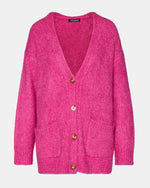 Steve Madden Finley Sweater in hot pink, oversized knit cardigan with V-neck, four buttons, and two front patch pockets, flat lay view.