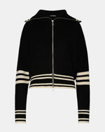 Steve Madden Dara Sweater in black with cream stripes, ribbed knit, full zip front, striped hem and cuffs, front flat lay view.