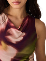 Steve Madden Rylen Dress close-up detail showing cowl neckline in blurry floral print with burgundy, pink, and olive tones