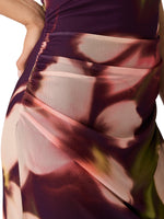 Steve Madden Rylen Dress close-up detail showing ruched mesh overlay with blurry floral print in mauve, pink, and burgundy tones