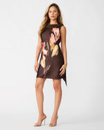 Steve Madden Mani Dress in dark brown with abstract tulip floral print, sleeveless cowl neck mini dress, front view on model