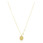 Sahira Virgin Mary Pendant Necklace in gold-tone with oval medallion, crystal halo, CZ cross charm, and round stone drop