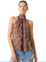 Steve Madden Alexane Top in bronze snake print, halter neck style with gathered neckline, worn with distressed jeans, front view